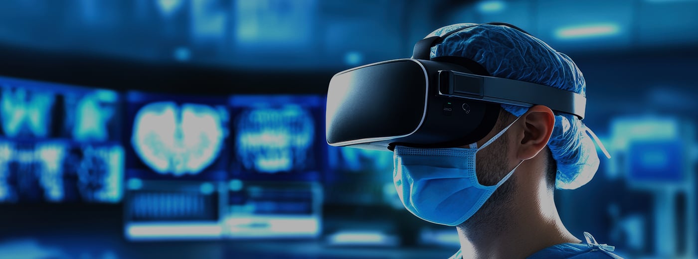 A medical professional wearing a VR headset in a high-tech operating room, utilizing virtual reality technology to enhance surgical procedures and patient care