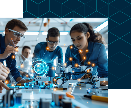 Three focused teenagers working together on a robotics project in a lab, highlighting teamwork, innovation, and STEM education.